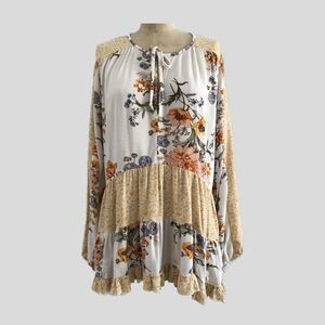 American Eagle Beige Yellow Floral Boho Long Sleeve Gypsy Top Blouse Size M